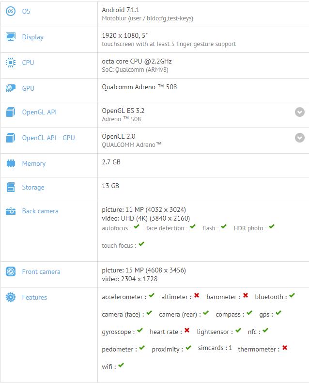 Moto X4 specs on GFXBench