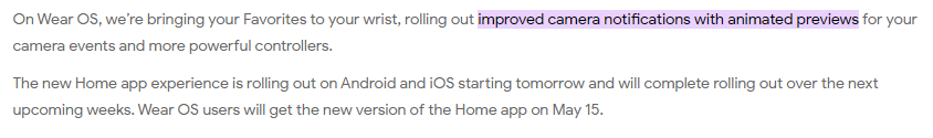 Google's PR regarding the updated camera notifications for WearOS